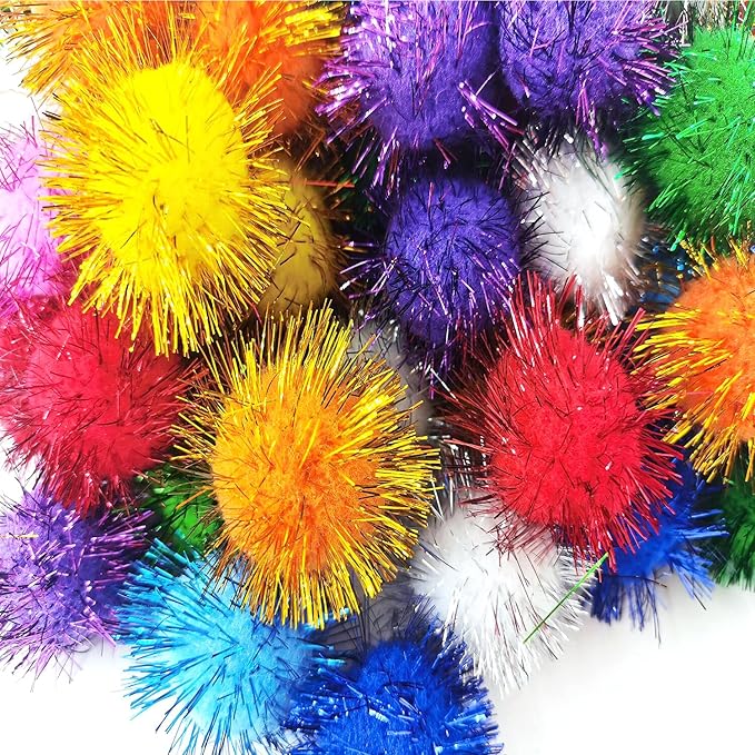1.8 Inch Assorted Color Flash Ball Cat's Favorite Toy Ball Tinsel Pom Poms Flash for Kittens Exercise and Multiple Cats Play and Chase, 100Pcs - PAWPICO