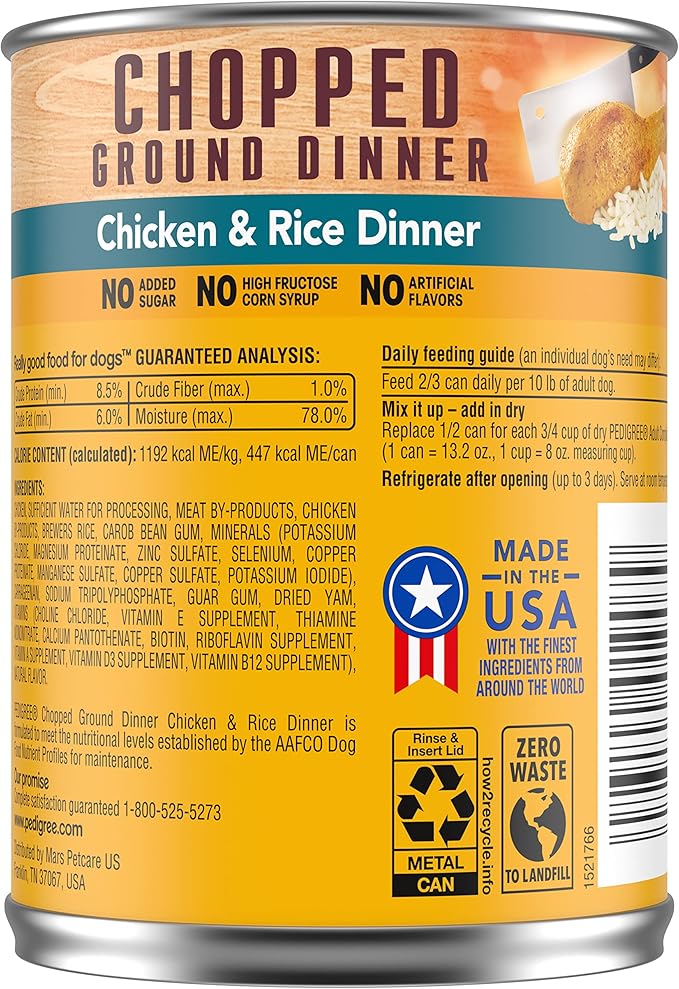 PEDIGREE Adult Canned Wet Dog Food Chopped Ground Dinner Chicken & Rice Flavor, (12) 13.2 oz. Cans - PAWPICO