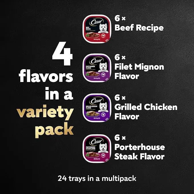 CESAR Adult Wet Dog Food Classic Loaf in Sauce Beef Recipe, Filet Mignon, Grilled Chicken and Porterhouse Steak Variety Pack, 3.5 oz. Easy Peel Trays (Pack of 24) - PAWPICO