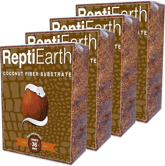 ReptiEarth Reptile Bedding, Fluffy Coconut Fiber Substrate 36 Quart Organic Coco Ready to Use for Bioactive Snake Terrarium, Lizard Tanks with Plants, for Frog, Tarantula or Hermit Crab Habitat (4 Pk) ReptiChipPremiumSubstrate