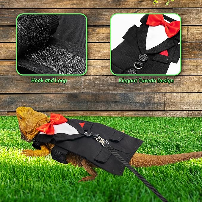 CUSOZWO Bearded Dragon Costume Harness and Leash Set - Cute Tuxedo Wedding Lizard Reptile Costume Outfit with Short Leash Small Animal Clothes for Birthday, Wedding, Holiday, Walking Outdoor CUSOZWO
