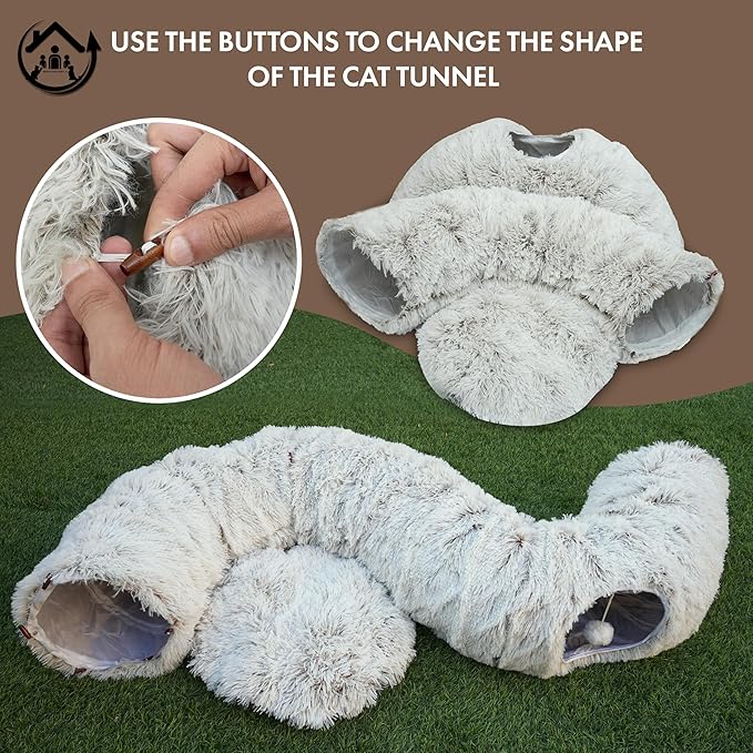 Large Cat Tunnel Bed for Indoor Cats Warm Fluffy Plush Cat Cave Tunnel Bed Collapsible, Washable, 3 Way and Multifunctional with Dangling Balls for Cats, Kittens and Rabbits- Brown - PAWPICO