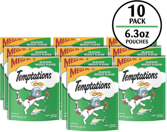Temptations Classic Crunchy and Soft Cat Treats Seafood Medley Flavor, 6.3 oz. Pouch (Pack of 10) Temptations