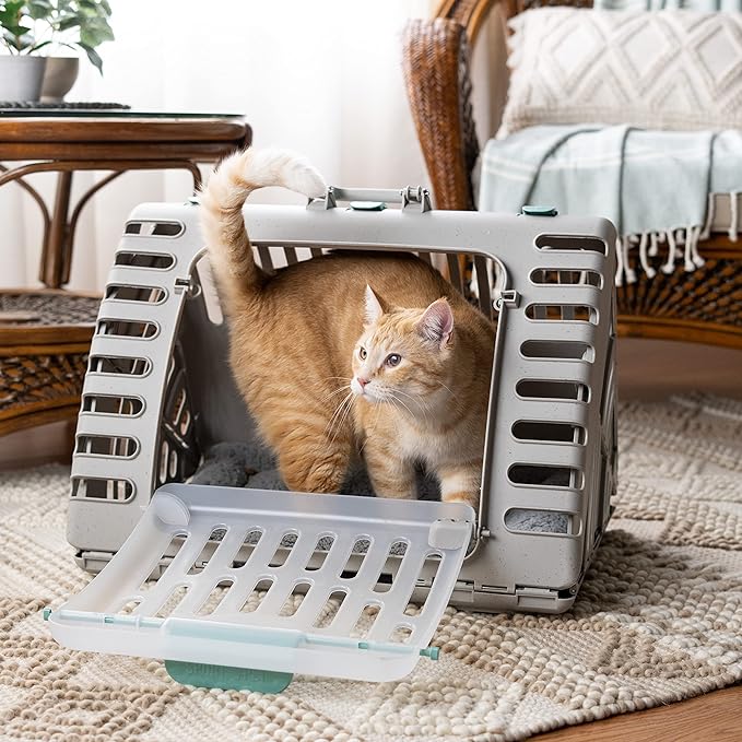 SportPet Designs Foldable Travel Cat Carrier - Front Door Plastic Collapsible Carrier Collection, Waterproof Bed - PAWPICO