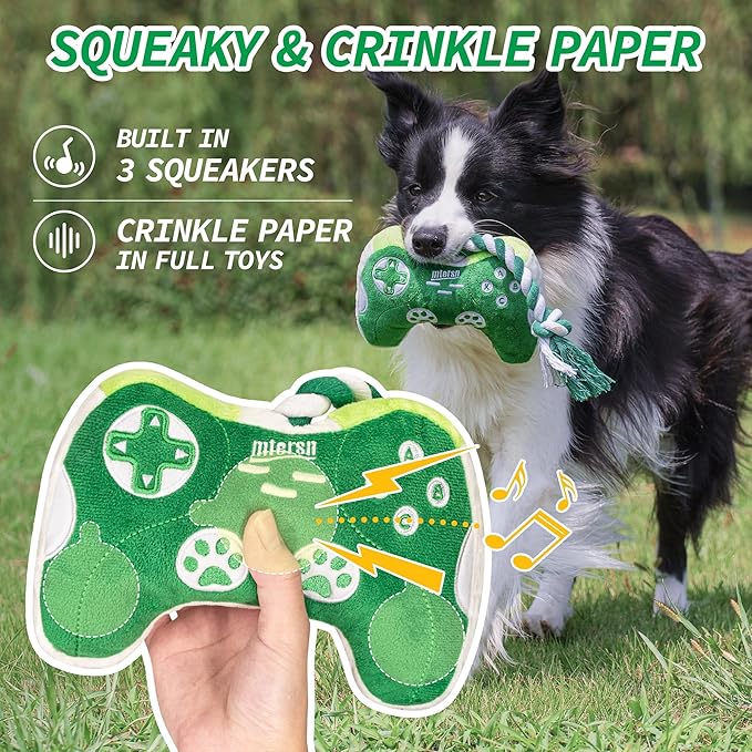 MTERSN Squeaky Dog Toys : Interactive Dog Plush Toy with Full Crinkle Paper and Cute Puppy Chew Toys with Rope - Funny Gaming Controller Shape Dog Birthday Gift (Green) - PAWPICO