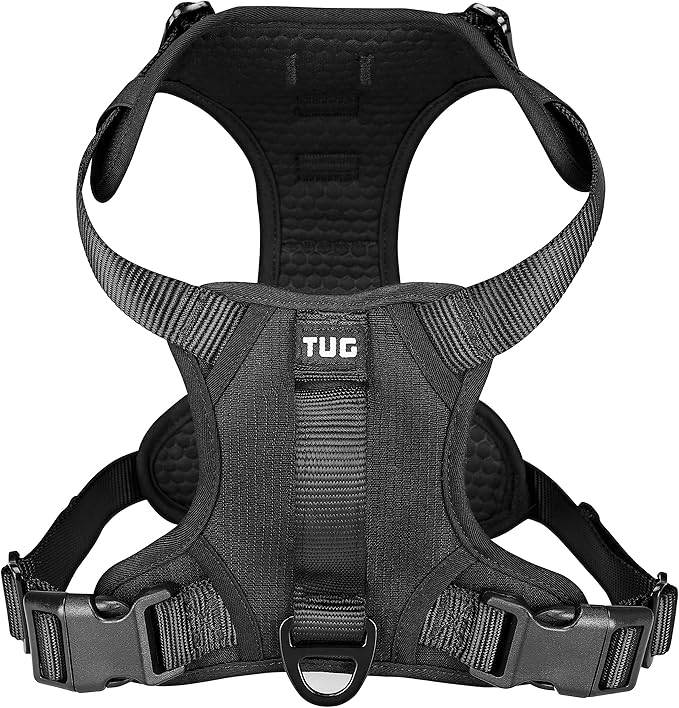 TUG Dog Harness with 2 Leash Connection Points | Adjustable, Padded, Lightweight Harness | Handle on Back | No-Pull Front Clip (Small, Black) TUG