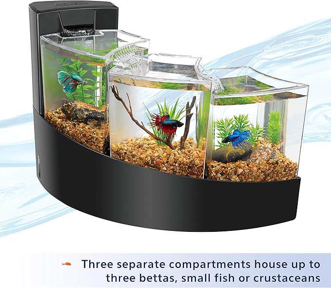 Aqueon Betta Falls 3 Section Aquarium Fish Tank With QuietFlow Power Filtration, Black Aqueon