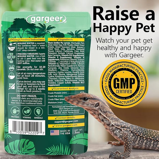 3oz Monitor Lizard Food. Complete Gel Diet for Both Juveniles and Adults. Proudly Made in The USA, Using Premium Ingredients, Fortified Gourmet Formula. Enjoy! Gargeer