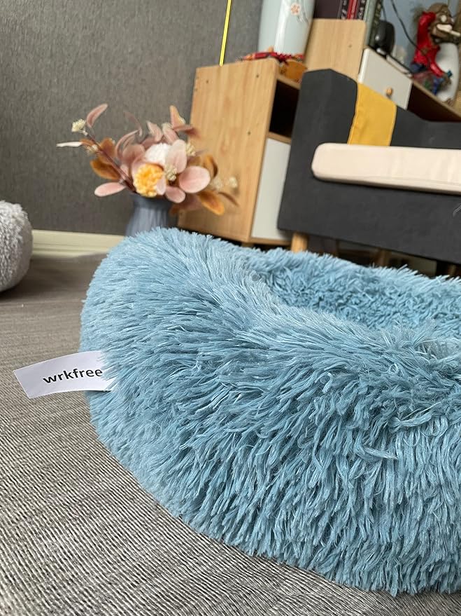 Small Dog Donut Bed for Small Dogs Machine Washable,Calming Donut Blue Dog Bed for Small Puppy with Anxiety,with Fluffy Soft and Comfy Faux Fur Cuddler Pet Bed for Small Pets - PAWPICO