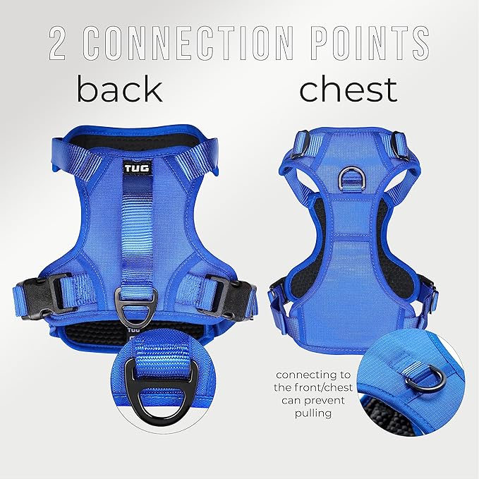 TUG Dog Harness with 2 Leash Connection Points | Adjustable, Padded, Lightweight Harness | Handle on Back | No-Pull Front Clip (Medium, Blue) TUG
