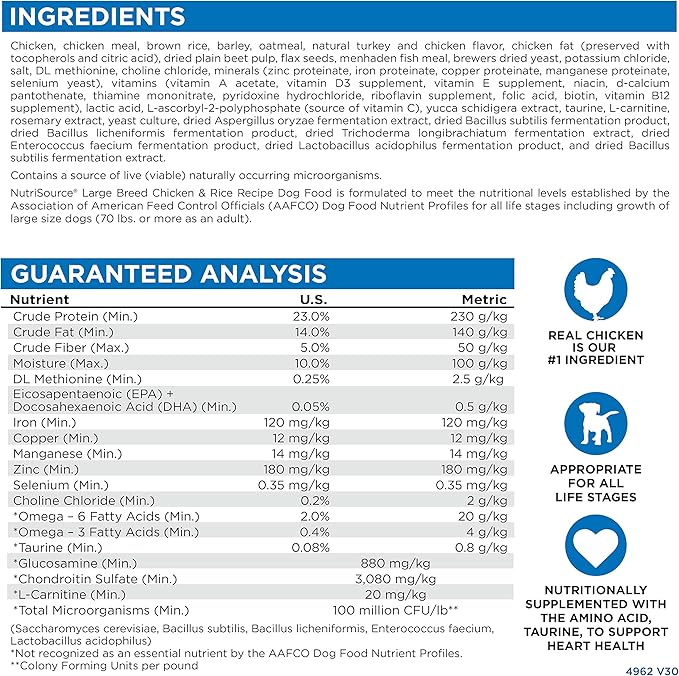 NutriSource Adult Dog Food, Made with Chicken and Rice, Large Breed, with Wholesome Grains, 30LB, Dry Dog Food - PAWPICO