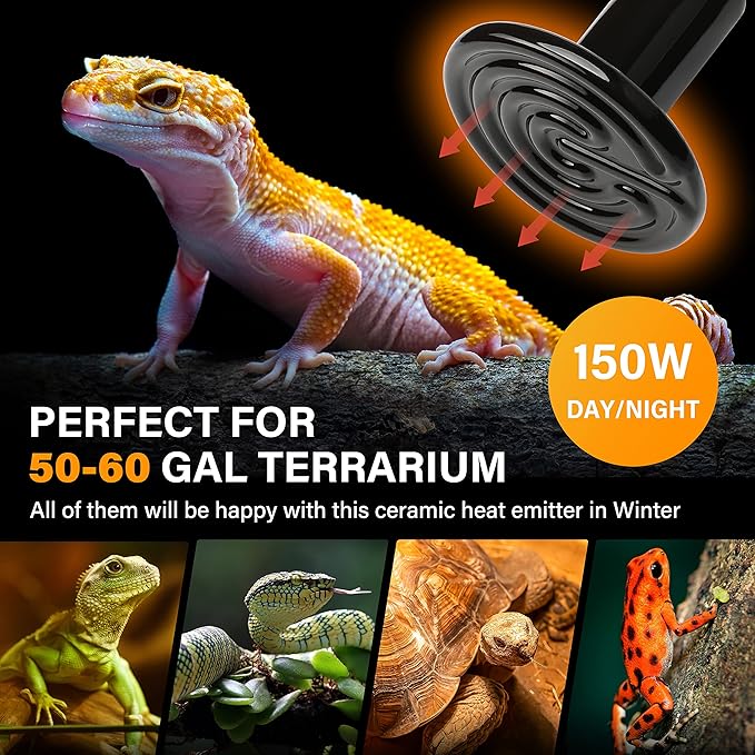 HealSmart Reptile Heat Lamp Bulb Ceramic Heat Emitter 150W No Light Emitting Brooder Coop Heater for Amphibian Pet & Incubating Chicken, Black HealSmart