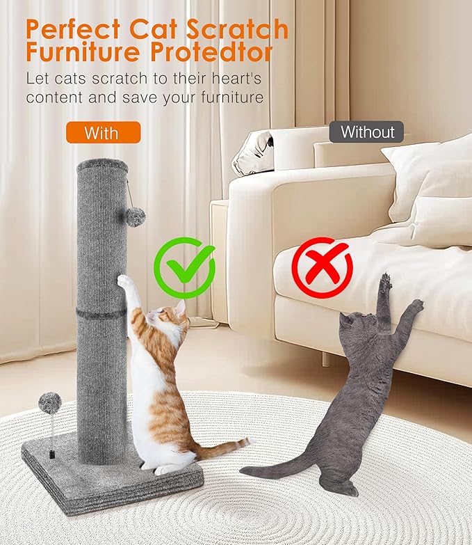 Carpet Craft Cat Scratching Post Heavy Duty for Indoor Large Cats and Adult Cats,Tall and Thicked Carpet Cat Scratcher Furniture Protector Cat Tree Tower with Interactivity Balls,Grey - PAWPICO