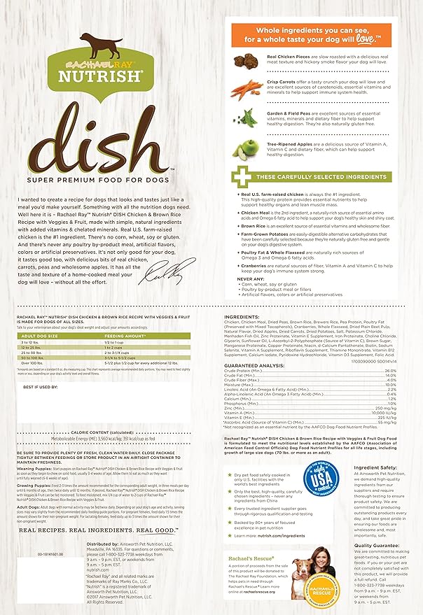Nutrish Rachael Ray Dish Premium Natural Dry Dog Food with Added Vitamins, Minerals & Taurine, Chicken & Brown Rice Recipe with Veggies & Fruit, 11.5 Pound Bag - PAWPICO