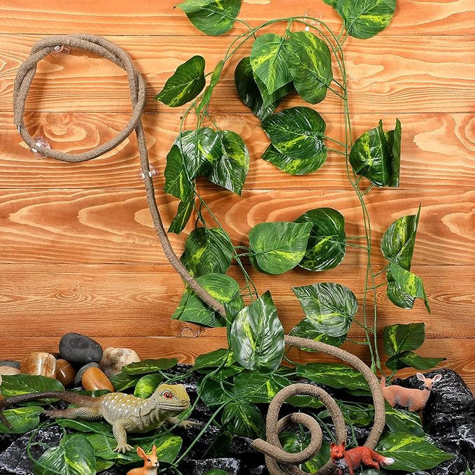 Reptile Lizard Habitat Accessories Include 29.52 x 7.08 Inch Lizard Hammock, Jungle Climber Vines Flexible Leaves Habitat Reptile Decor with Suction Cups for Bearded Dragons Iguanas and Other Reptiles Jetec