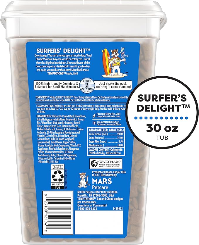 Temptations MixUps Surfer's Delight Flavor Crunchy and Soft Cat Treats, 30 oz. Tub Temptations