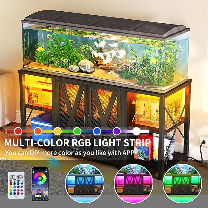YITAHOME 90-120 Gallon Reptile Tank Stand with Power Outlet & LED Light, Heavy Duty Aquarium Stand with Accessories Storage Cabinet - Metal Fish Tank Stand for Turtle, Reptile, 2000LBS Capacity, Black YITAHOME