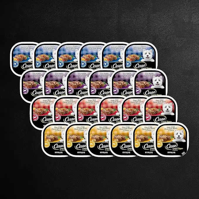 CESAR Adult Wet Dog Food Loaf in Sauce Rotisserie Chicken, Filet Mignon, Angus Beef, and Ham & Egg Flavors Variety Pack, 3.5 oz. Easy Peel Trays, Pack of 24 - PAWPICO