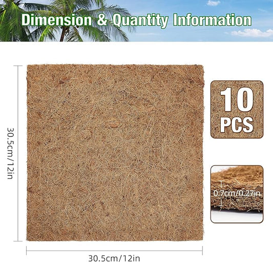 ZeeDix 10 Pieces Reptile Carpet- 12 x 12 inches Natural Coconut Fiber Pet Mat Tortoise Carpet Mat Coco Fiber Substrate Liner Pet Terrarium Liner for Lizard Turtle Snake Gecko Bearded Dragon ZeeDix
