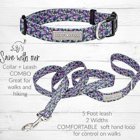 Lucky Love Dog, Matching Dog Collar & Leash Set for Female Dogs, Soft, Adjustable, Safe for Training and Walking, Black & Purple Floral Print, Primrose Combo, Large LuckyLoveDog