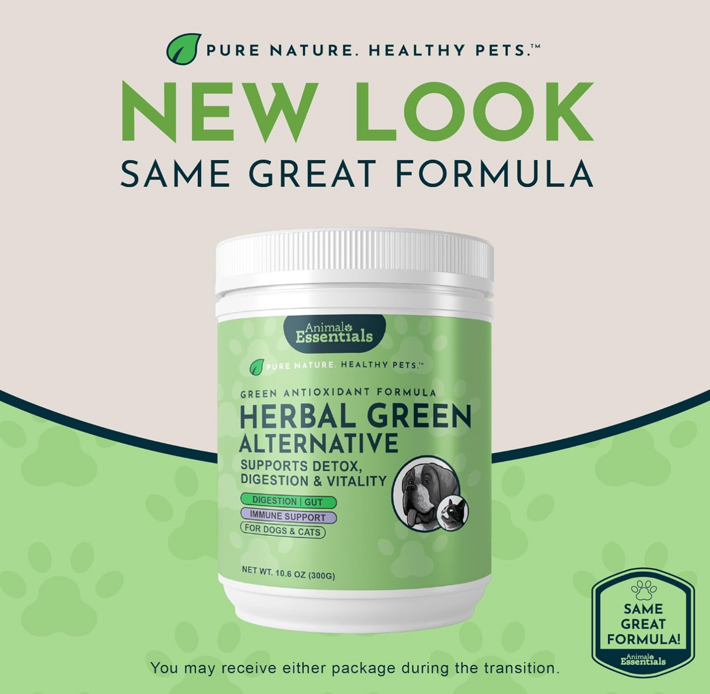Animal Essentials Herbal Green Alternative for Dogs & Cats - Super Greens Powder Herbal Supplement with Spirulina, Antioxidants, Chlorophyll - 12 Oz AnimalEssentials