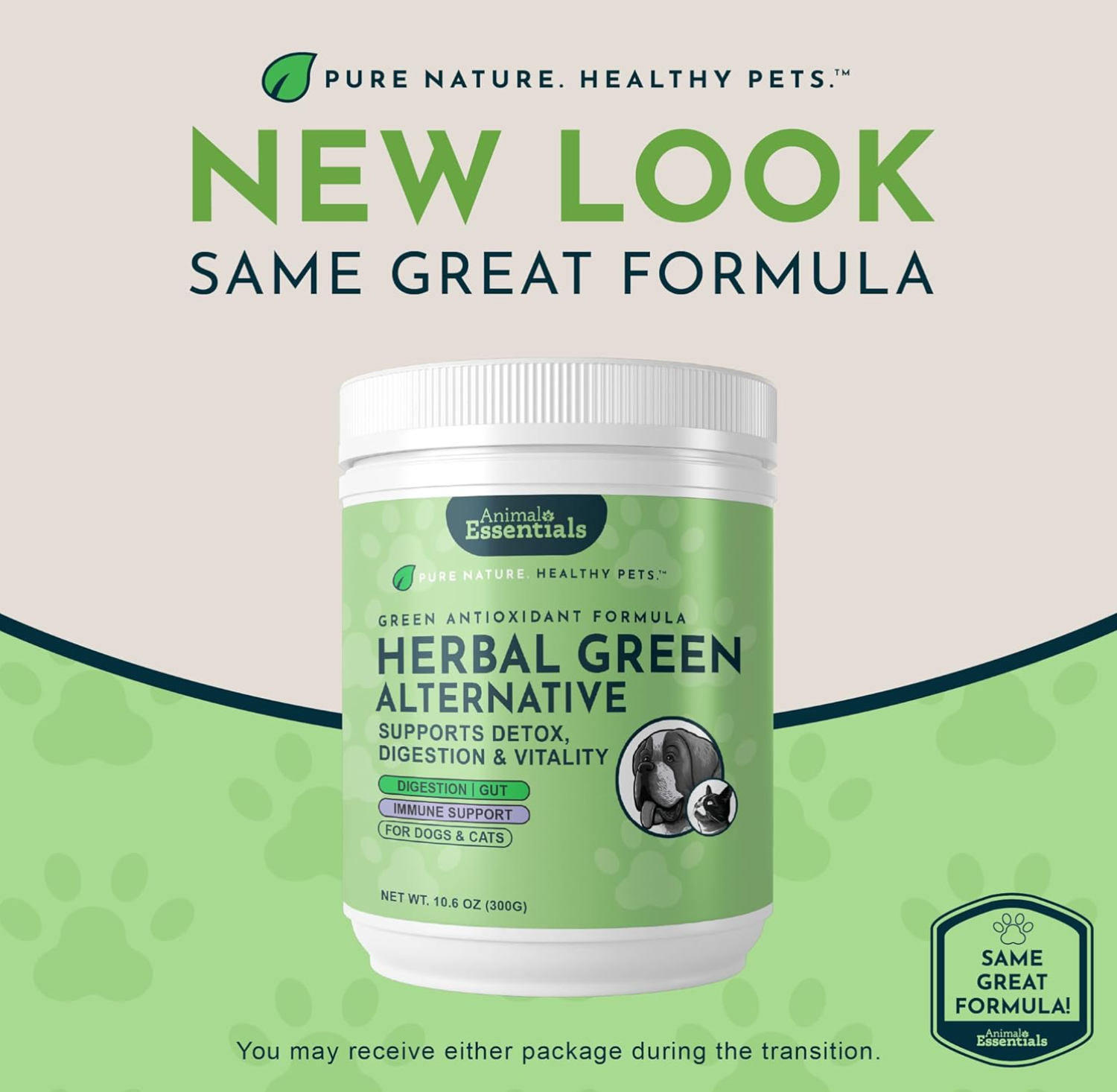 Animal Essentials Herbal Green Alternative for Dogs & Cats - Super Greens Powder Herbal Supplement with Spirulina, Antioxidants, Chlorophyll - 12 Oz AnimalEssentials