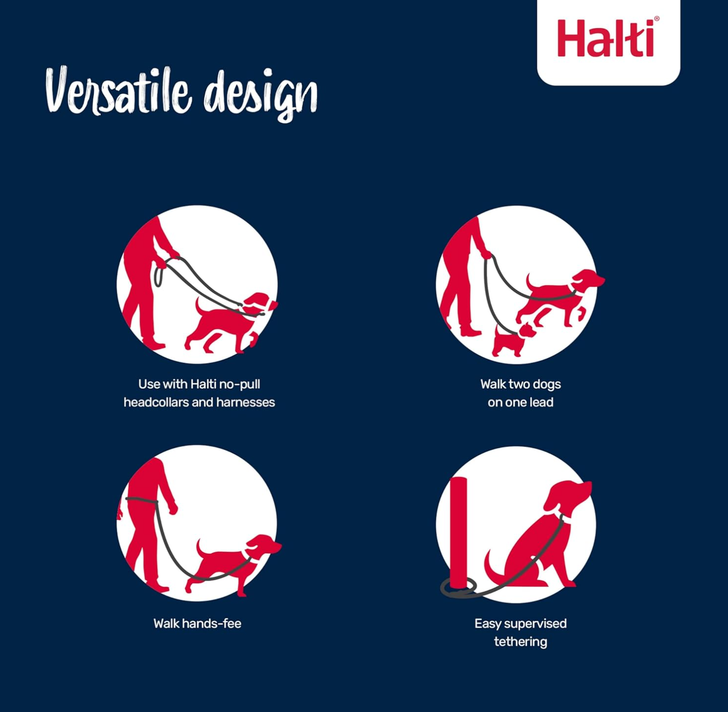 Halti Training Leash - Multifunctional Double-Ended Dog Leash, Ideal for Anti-Pulling Dog Training. Lightweight, Soft & Durable. Suitable for Puppies and Small Dogs (Size Small, Red, 2m) CompanyofAnimals