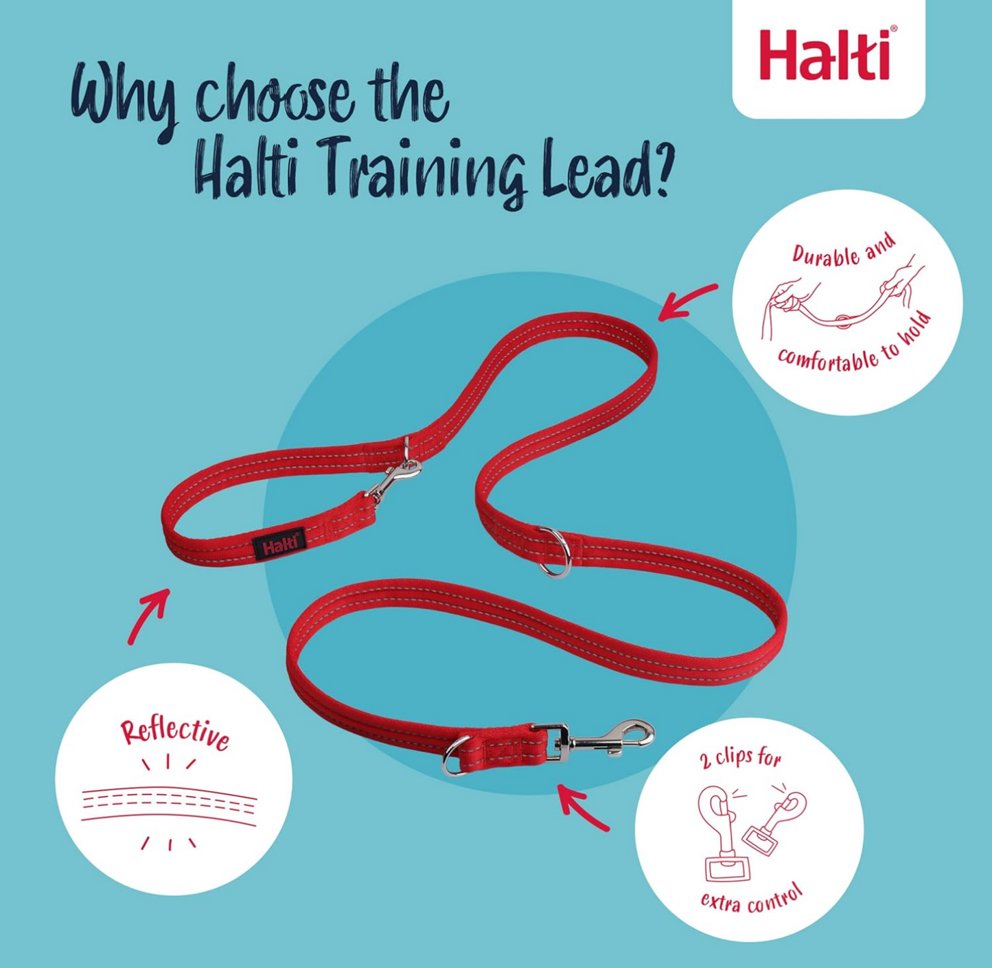Halti Training Leash - Multifunctional Double-Ended Dog Leash, Ideal for Anti-Pulling Dog Training. Lightweight, Soft & Durable. Suitable for Puppies and Small Dogs (Size Small, Red, 2m) CompanyofAnimals