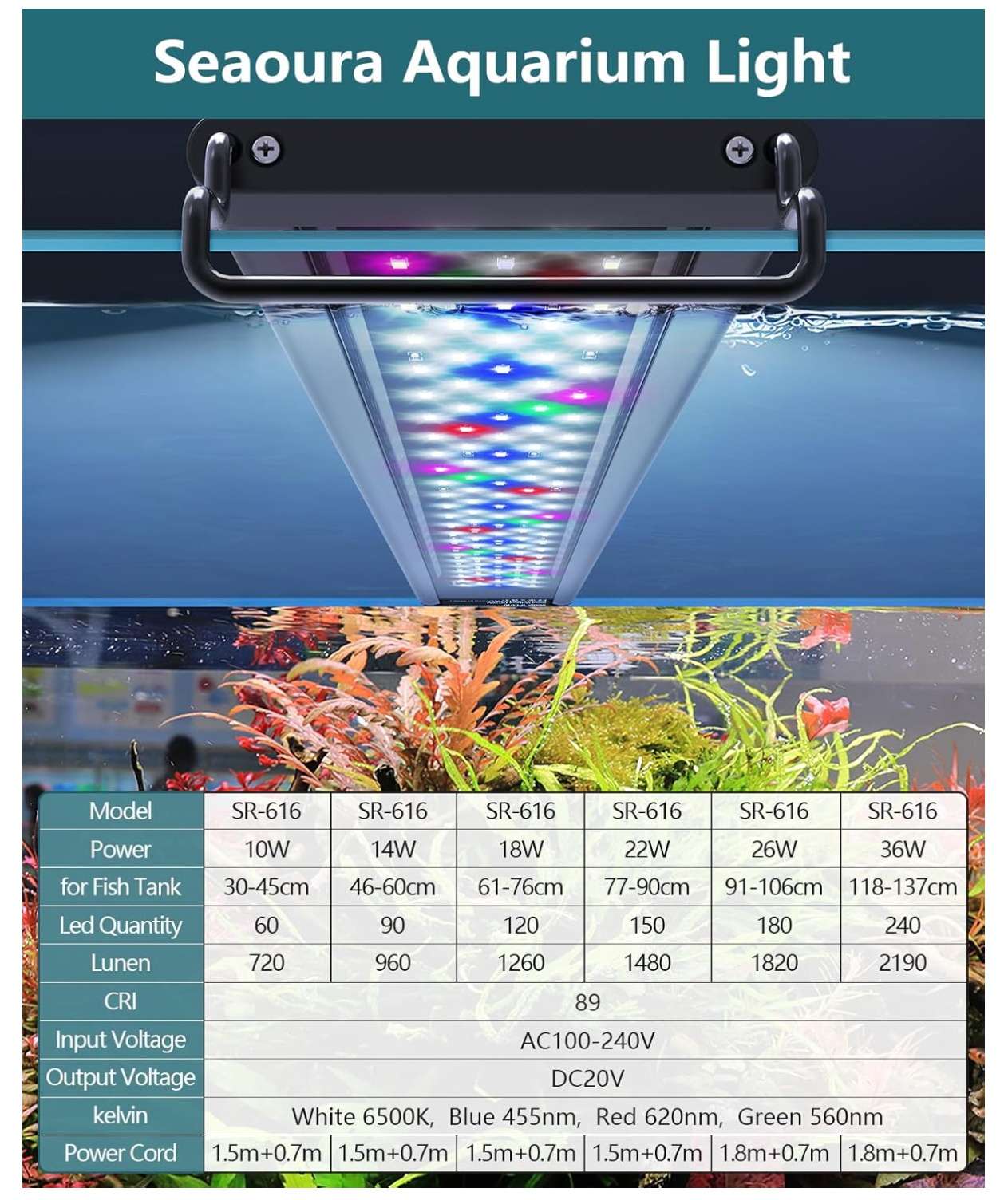 SEAOURA Led Aquarium Light for Plants-Full Spectrum Fish Tank Light with Timer Auto On/Off, 12-18 Inch, Adjustable Brightness, White Blue Red Green Pink LEDs with Extendable Brackets for Freshwater | Aquarium LED Plant Grow Light Auto On/Off