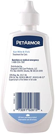 PetArmor Ear Mite Treatment for Cats, Ear Mite Medicine Kills Ticks and Ear Mites to Relieve Itchiness, Ear Mite Drops Sooths Ears with Aloe, 3oz PetArmor