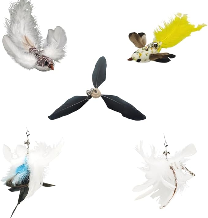 Variety Play Cat Toys Set, 5 Pack, Refills for Cat Wand Toys, Cat Fishing Poles, Spring Wires, Door/Wall Hang Ropes. 2 Bird Cat Toys, 2 Feather Cat Toys & Windmill - Bells & Easy Clip-On - PAWPICO