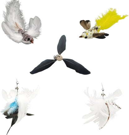 Variety Play Cat Toys Set, 5 Pack, Refills for Cat Wand Toys, Cat Fishing Poles, Spring Wires, Door/Wall Hang Ropes. 2 Bird Cat Toys, 2 Feather Cat Toys & Windmill - Bells & Easy Clip-On - PAWPICO