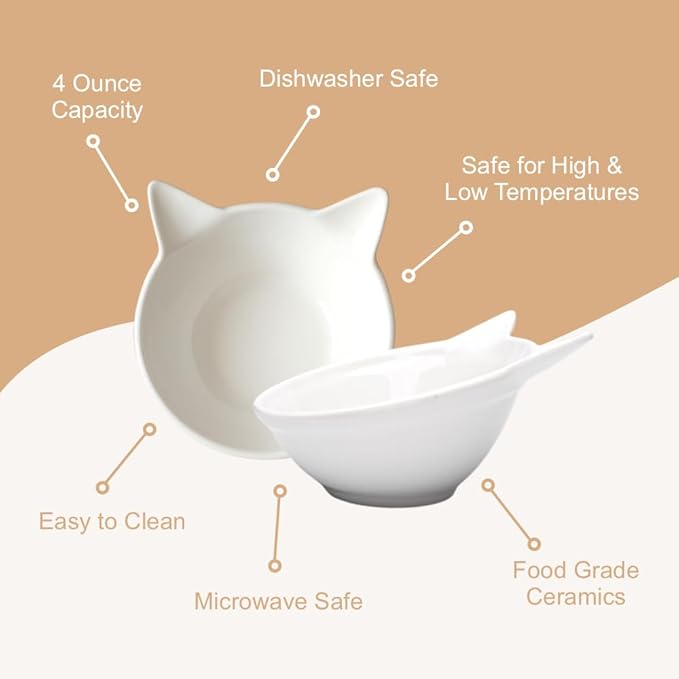 Ergonomic Cat Ceramic Bowls Stand for Food and Water, Small Dog, Anti Vomit, Indoor Cats, Elevated, Tilted Feeding Position, Full Bamboo Stand with Food Grade, Whisker Friendly Dish for Cats and Puppy - PAWPICO