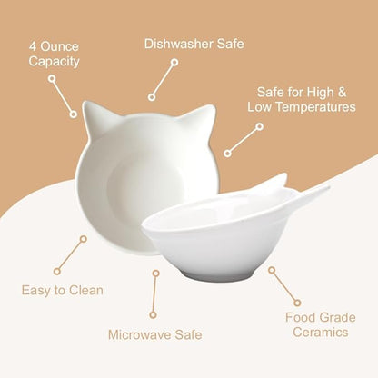 Ergonomic Cat Ceramic Bowls Stand for Food and Water, Small Dog, Anti Vomit, Indoor Cats, Elevated, Tilted Feeding Position, Full Bamboo Stand with Food Grade, Whisker Friendly Dish for Cats and Puppy - PAWPICO