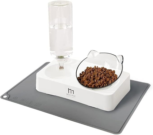 Marchul Tilted Cat Food Bowl with Feeding Mat for Food and Water, Food Feeding Dishes for Raised Cats and Puppies - PAWPICO