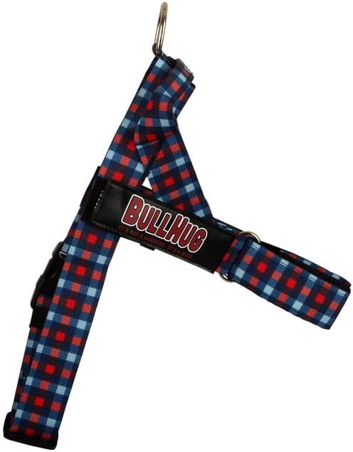BULLHUG Harness – Made for Larger Chested Dogs Like English Bulldogs, French Bulldogs, Pugs & More. Stops Dogs from Pulling & Choking on Walks (Red and Blue Plaid, Large) BULLHUG