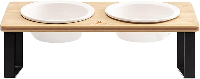 Sunhoo Ceramic Elevated Cat Bowls, Raised Puppy Dishes for Food and Water, Tilted Bamboo Stand for Anti Vomiting, Indoor 5.5 inch Wide Double Dish Orthopedic Anti-Vomiting (Wood Color) - PAWPICO