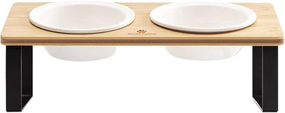 Sunhoo Ceramic Elevated Cat Bowls, Raised Puppy Dishes for Food and Water, Tilted Bamboo Stand for Anti Vomiting, Indoor 5.5 inch Wide Double Dish Orthopedic Anti-Vomiting (Wood Color) - PAWPICO