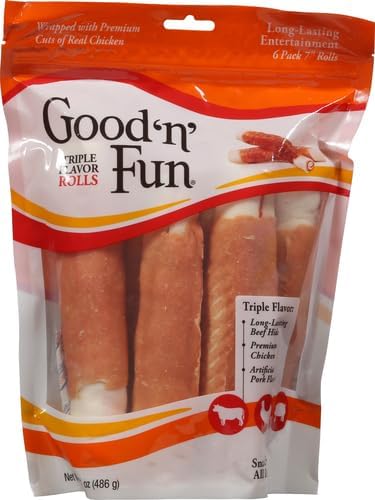 Good'n'Fun Triple Flavor 7 inch Rolls, Chews for Dogs, 6 Count (Pack of 1) - PAWPICO