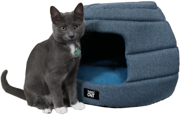 Travel Cat Meowbile Indoor Cat House - 25x18x17 inches Premium Convertible and Durable Hideaway Cat Bed and Cave (Blue, Medium) - PAWPICO