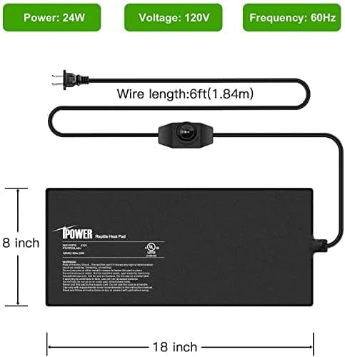 iPower 8 by 18-Inch 24 Watts Reptile Heating Mat with Temperature Controller Under Tank Warmer Terrarium Heat Pad for Reptiles and Amphibians, Black iPower