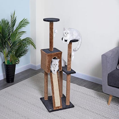 Go Pet Club Everyday Value 44in Corner Cat Tree Kitty Scratcher Tower Kitten Condo House Furniture with Scratching Board & Hanging Toys for Indoor Cats, Brown/Black - PAWPICO