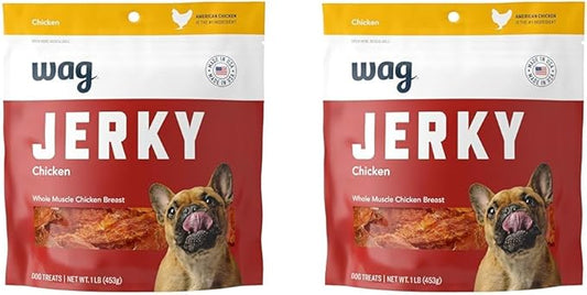 Amazon Brand – Wag Chewy Whole Muscle American Jerky Made in USA Dog Treats – Chicken (1 lb), Grain Free (Pack of 2) - PAWPICO