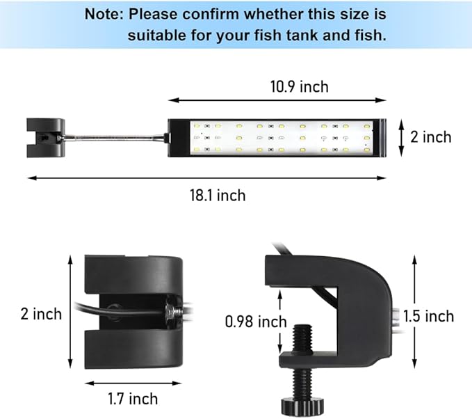 Aquarium Light Small LED Clip Light for Fish Tank 10W, 1 Yr Warranty DaToo