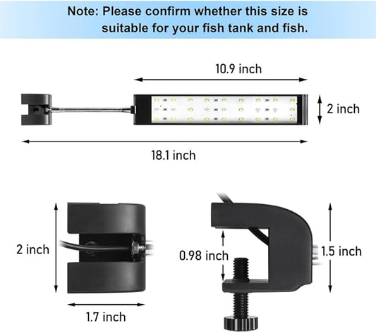 Aquarium Light Small LED Clip Light for Fish Tank 10W, 1 Yr Warranty DaToo