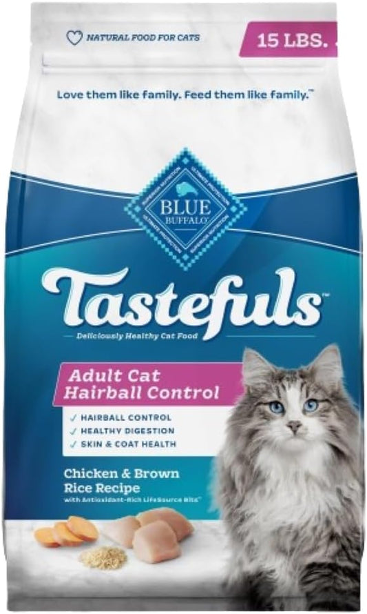 Blue Buffalo Tastefuls Natural Dry Food for Adult Cats, Hairball Control, Chicken & Brown Rice Recipe, 15-lb. Bag - PAWPICO