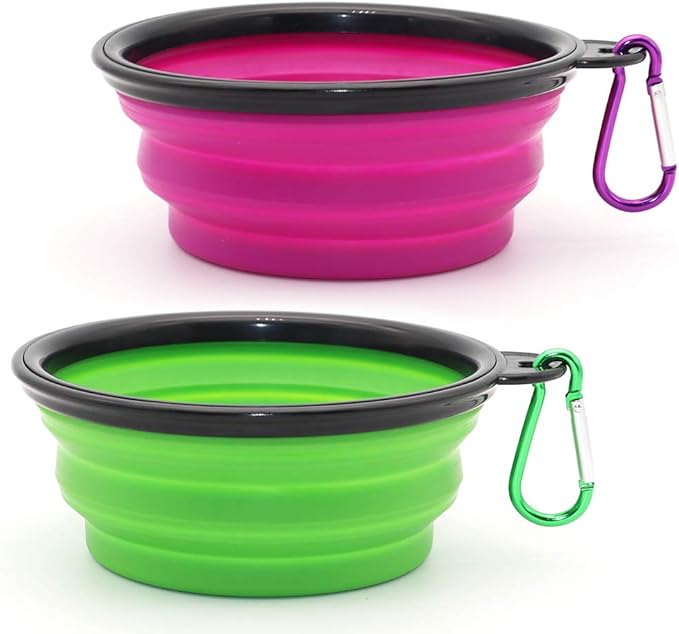 Dog Bowl Pet Collapsible Bowls, 2 Pack Collapsible Dog Water Bowls for Cats Dogs, Portable Pet Feeding Watering Dish for Walking Parking Traveling with 2 Carabiners (Small, Green+Purple) - PAWPICO