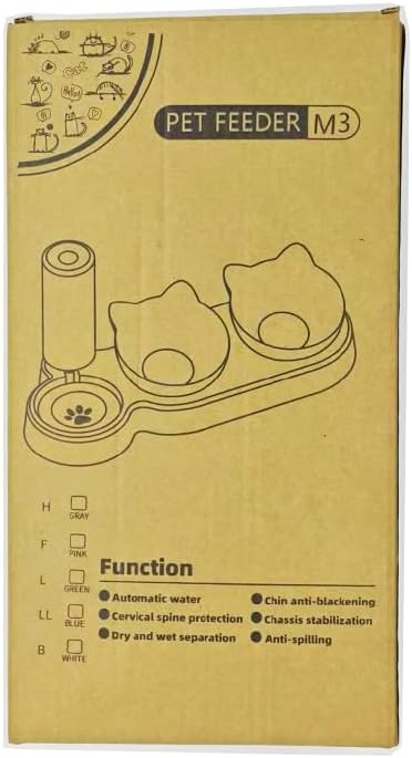 Marchul Raised Three Cat Dishes for Food and Water, Pet Feeding Bowls with Automatic Water Bottle - PAWPICO