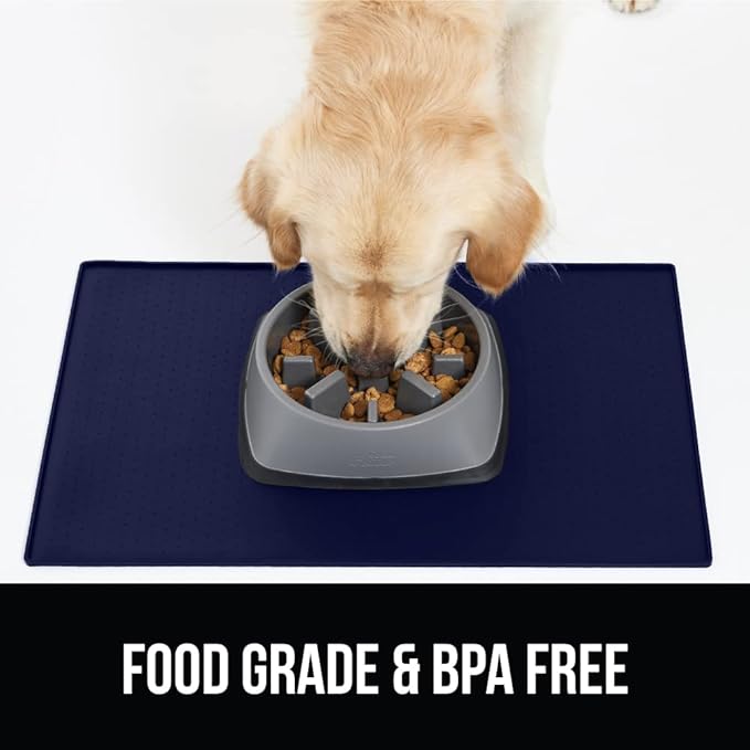 Gorilla Grip 100% Waterproof Raised Edge BPA Free Silicone Pet Feeding Mat, Dog Cat Food Mats Contain Spills Protects Floors, Placemats for Cats and Dogs Water Bowl, Pets Accessories 18.5x11.5 Navy - PAWPICO