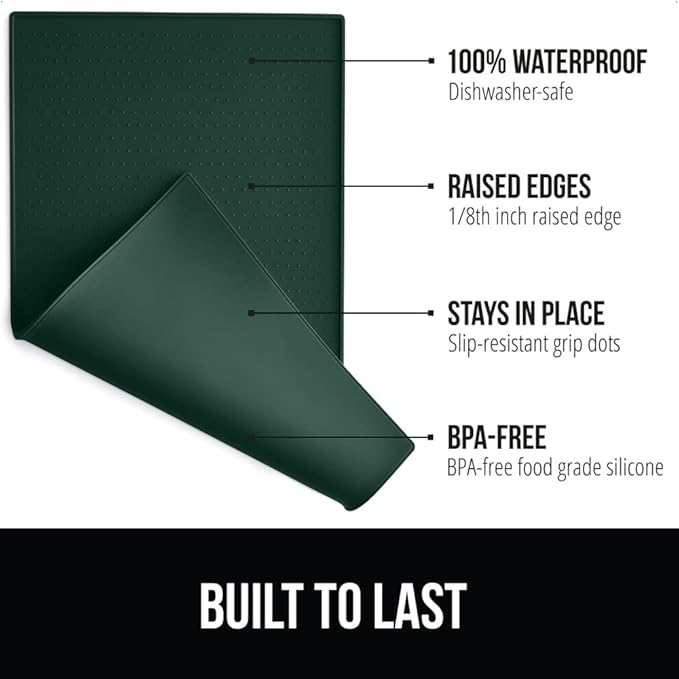 Gorilla Grip 100% Waterproof Raised Edge BPA Free Silicone Pet Feeding Mat, Dog Cat Food Mats Contain Spills Protects Floors, Placemats for Cats and Dogs Water Bowl, Pets Accessories 28x18 Green - PAWPICO